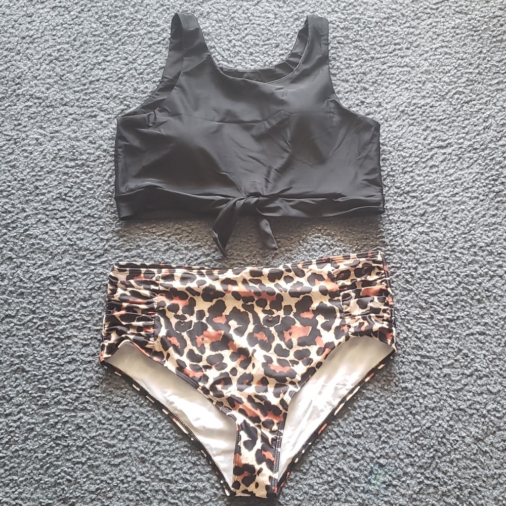 Womens cheetah high waisted bathing suit 14 L